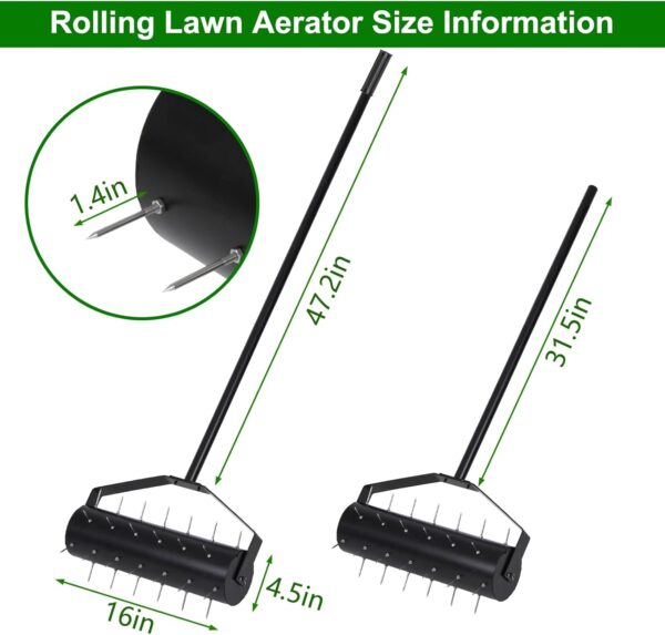 16 inch Rolling Lawn Aerator, Heavy Duty Aerator Lawn Soil Penetrator Spikes, Manual Aerator Lawn Tool with 47 inch Adjustable Handle for Garden Yard Patio - Image 2